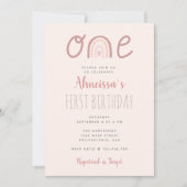 パステルピンク レインボー 雲 ファースト バースデー 招待状 (正面)