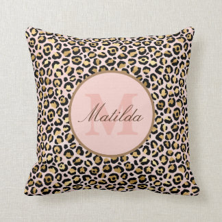 パステルピンク&金ゴールドレオパードアニマルプリントモノグラム クッション
