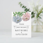 パステルピンク、青い牡丹の結婚式の日付を保存 案内ポストカード (スタンド正面)