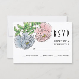 パステルピンク、青い牡丹の花結婚式RSVP 出欠カード