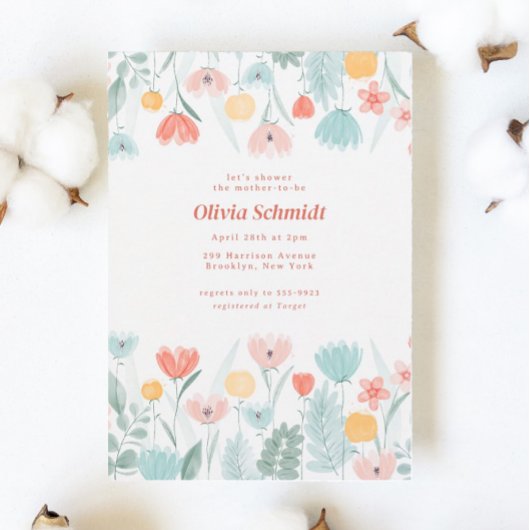 パステルピーチウォーターカラーワイルドフラワーベビーシャワー 招待状