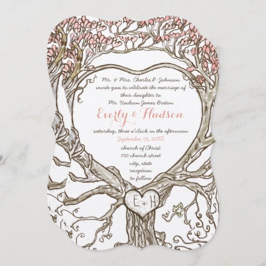 パステルピーチコーラル赤面ピンクボホハートシェイプ 招待状 (正面/裏面)