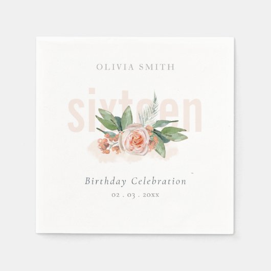 パステルピーチバラフローラバンチエイジ誕生日 スタンダードカクテルナプキン (正面)