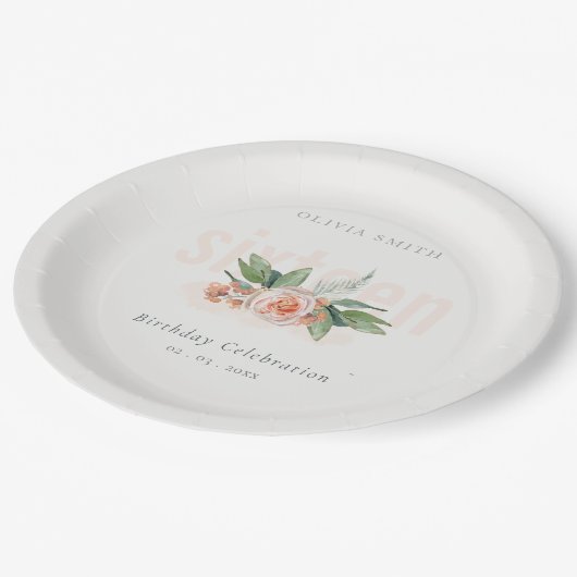 パステルピーチバラフローラバンチエイジ誕生日 ペーパープレート (アングル)