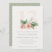 パステルピーチバラフローラバンチ13誕生日招待状 サンキューカード (正面/裏面)