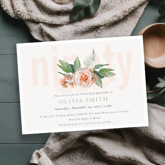 パステルピーチバラフローラバンチ90誕生日招待状 サンキューカード