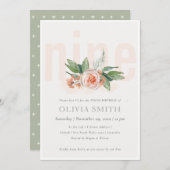 パステルピーチバラフローラバンチ9th誕生日招待状 サンキューカード (正面/裏面)