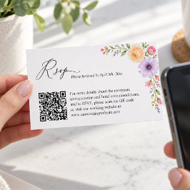 パステルピーチフラワーQRコード結婚式RSVPカード エンクロージャーカード