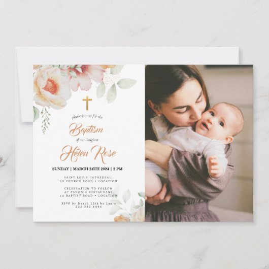 パステルピーチフローラウォーターカラーバプテスマ招待状 招待状 (正面)