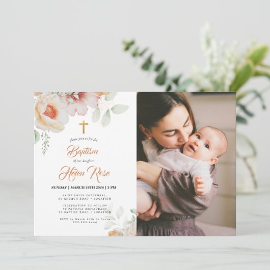パステルピーチフローラウォーターカラーバプテスマ招待状 招待状 (スタンド正面)