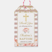パステルピーチフローラ金ゴールドクロスガールバプテスマ ギフトタグ (正面)