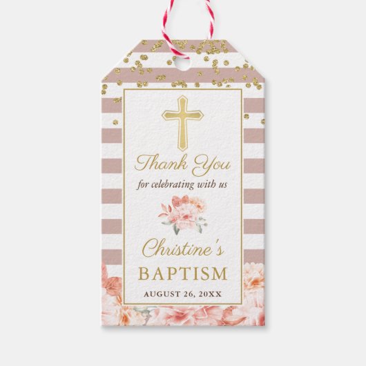 パステルピーチフローラ金ゴールドクロスガールバプテスマ ギフトタグ (正面)