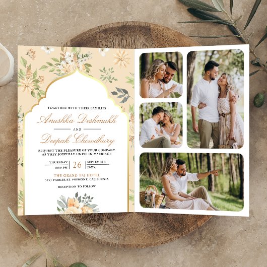 パステルピーチフローラQRコードインディアン結婚ズ 招待状