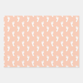 パステルピーチブラウンイエローラインのベビー足 ラッピングペーパーシート