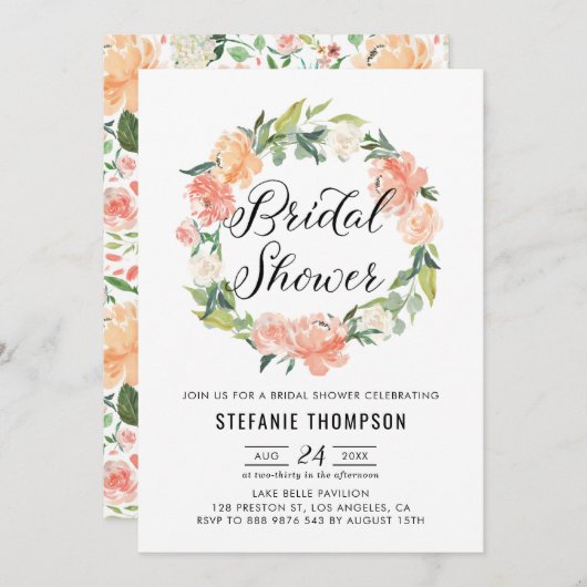 パステルピーチプオーニーフローラリースブライダルシャワー 招待状 (正面/裏面)