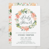 パステルピーチプオーニーフローラリースベビーシャワー 招待状 (正面/裏面)