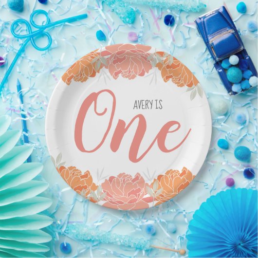 パステルピーチ&オレンジフローラベビーの最初の誕生日 ペーパープレート (パーティー)