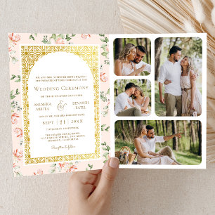 パステルピーチ フローラル オールインワン ゴールド インドの結婚式 招待状