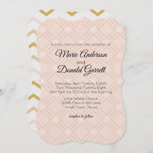 パステルピーチ&金ゴールド幾何学結婚式招待状 招待状 (正面/裏面)
