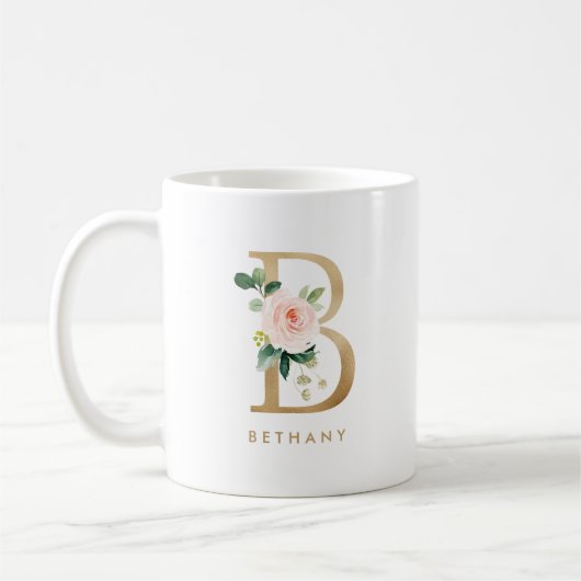 パステルピーニーフローラレターBゴールドフォイルモノグラム コーヒーマグカップ (左)