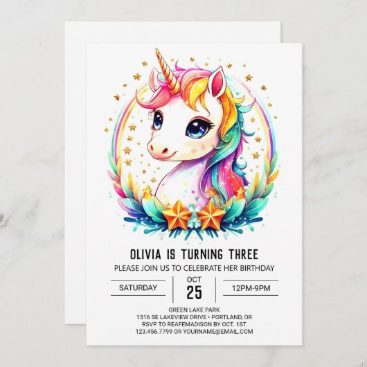 パステルファンタスティックユニコーン誕生日 招待状 (正面/裏面)