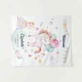 パステルフェアリーバルーンユニコーンガール誕生日へようこそ タペストリー (正面(横))