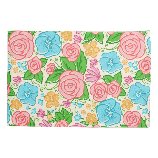 パステルフラワーとバラ – ピンクブルーとベージュ 枕カバー (裏面)