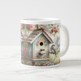 パステルフラワーと鳥の春の鳥小屋 ジャンボコーヒーマグカップ