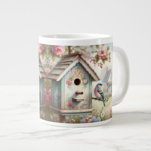 パステルフラワーと鳥の春の鳥小屋 ジャンボコーヒーマグカップ (正面右)