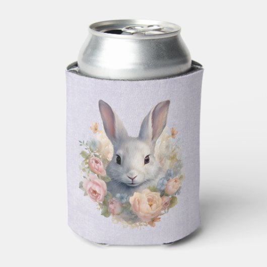パステルフラワーの中にいるかわいいうさぎ 缶クーラー (缶正面)