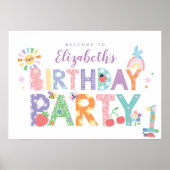 パステルフラワーの女の子の1歳の誕生日ウェルカムサイン ポスター (正面)
