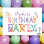 パステルフラワーの女の子の1歳の誕生日ウェルカムサイン ポスター