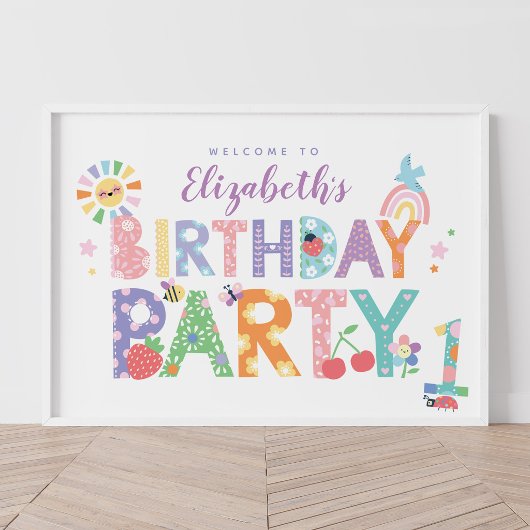 パステルフラワーの女の子の1歳の誕生日ウェルカムサイン ポスター