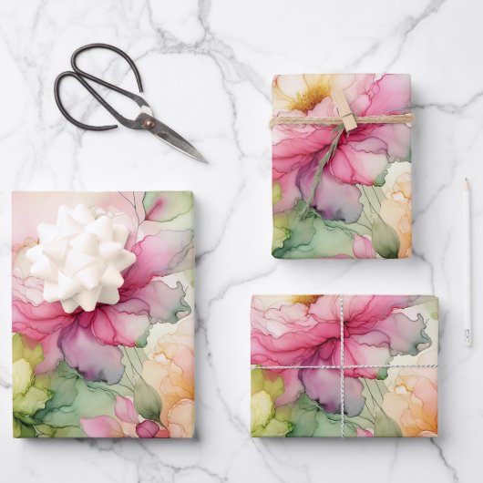 パステルフラワーアルコールインクイラストレーションラージプリント ラッピングペーパーシート (正面)