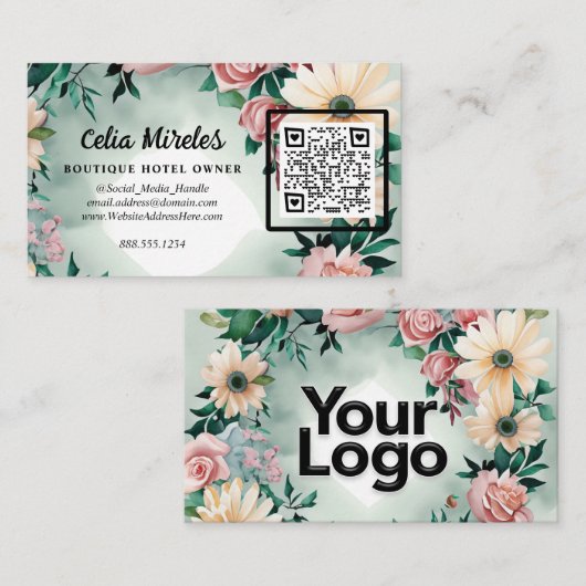 パステルフラワーエレガンスセージグリーンフローラピンクローズ エンクロージャーカード (正面/裏面)