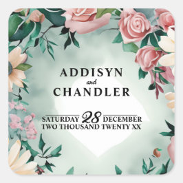 パステルフラワーエレガンス:セージグリーン結婚フローラ スクエアシール