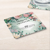 パステルフラワーエレガンス：セージグリーン結婚フローラ スクエアペーパーコースター (アングル)