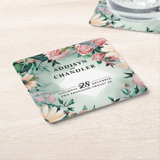 パステルフラワーエレガンス：セージグリーン結婚フローラ スクエアペーパーコースター (アングル)