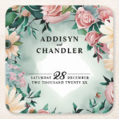 パステルフラワーエレガンス：セージグリーン結婚フローラ スクエアペーパーコースター (正面)