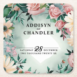 パステルフラワーエレガンス:セージグリーン結婚フローラ スクエアペーパーコースター