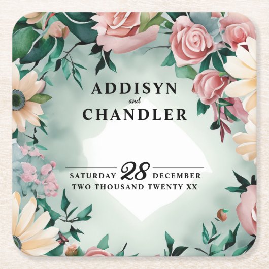パステルフラワーエレガンス：セージグリーン結婚フローラ スクエアペーパーコースター (正面)