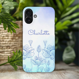 パステルフラワーシルエットオーバーレイのカスタムネーム iPhone 16 PLUSケース