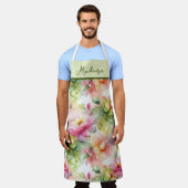 パステルフラワーズアルコールインクイラストレーショングリーン エプロン (着用した状態)