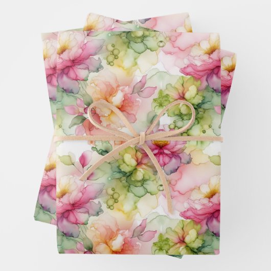 パステルフラワーズアルコールインクイラストレーションメッドプリント ラッピングペーパーシート (インサイチュ)