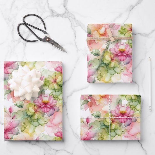 パステルフラワーズアルコールインクイラストレーションメッドプリント ラッピングペーパーシート (正面)