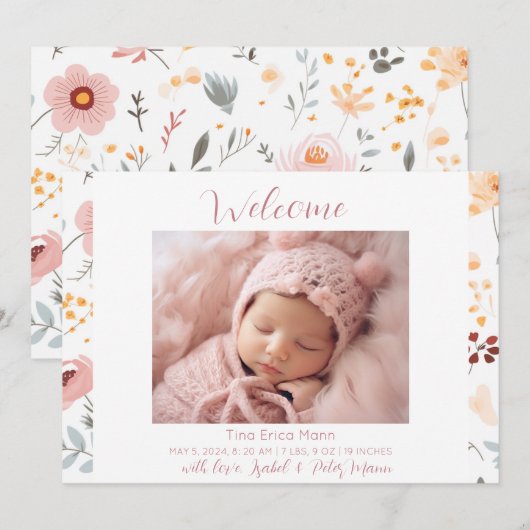 パステルフラワーズウェルカムベビーガール誕生 案内状 (正面/裏面)
