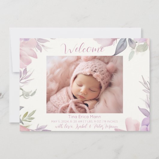 パステルフラワーズウェルカムベビーガール誕生 案内状 (正面)