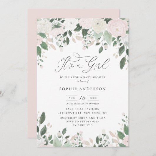 パステルフラワーズグリッター女の子ベビーシャワー 招待状 (正面/裏面)