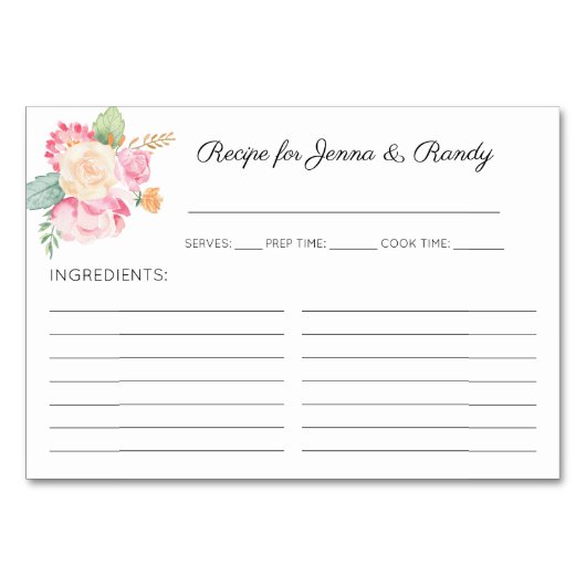パステルフラワーズブライダルシャワーレシピカード テーブルナンバー (正面)