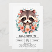 パステルフラワーズラクーンガール誕生日 招待状 (正面/裏面)